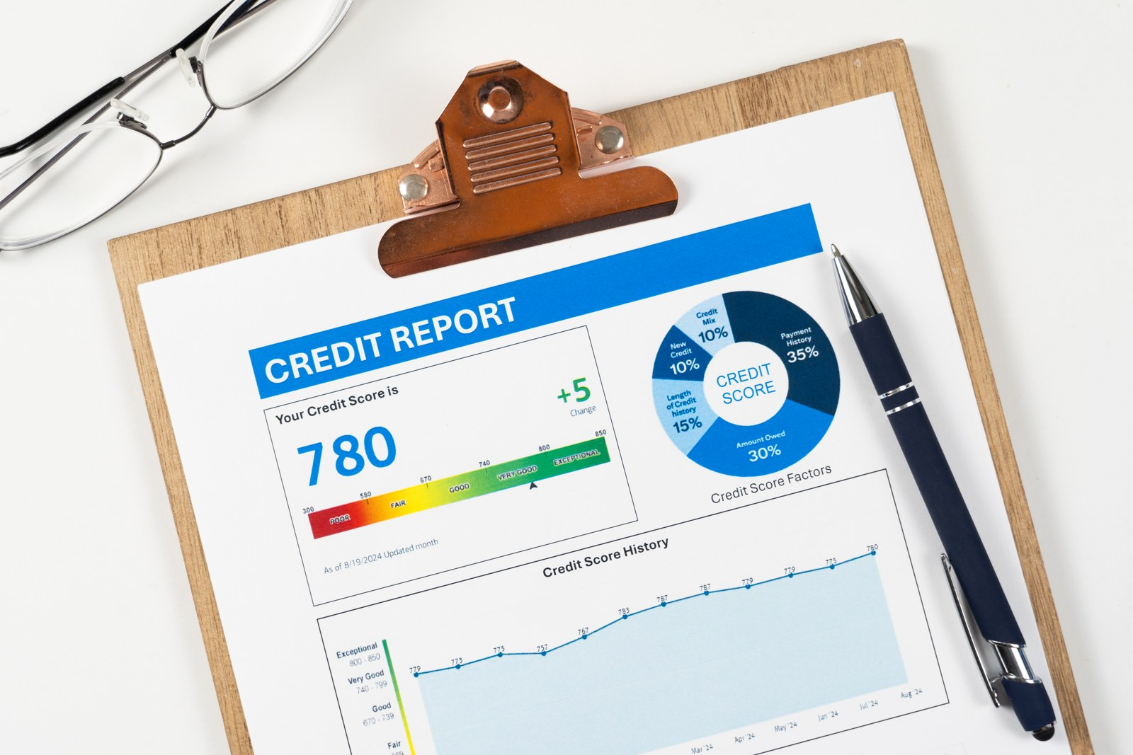 An illustrative credit report with score factors on a clipboard